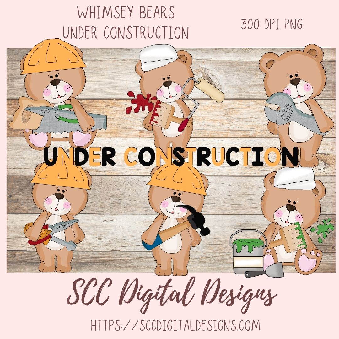 Construction Bears Clipart for Kids T-Shirt, Whimsical Wildlife for Children's Mugs, Wordart PNG, Animal Illustration for Father's Day Cards