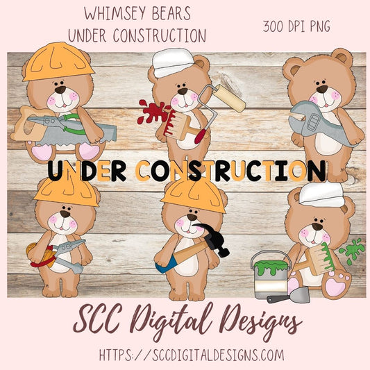 Construction Bears Clipart for Kids T-Shirt, Whimsical Wildlife for Children's Mugs, Wordart PNG, Animal Illustration for Father's Day Cards