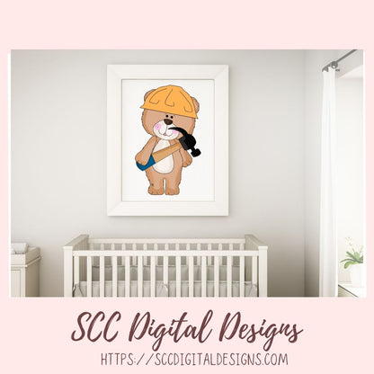 Construction Bears Clipart for Kids T-Shirt, Whimsical Wildlife for Children's Mugs, Wordart PNG, Animal Illustration for Father's Day Cards