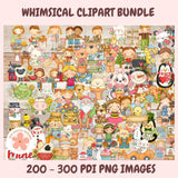 Whimsical clipart bundle with various characters and objects on a light pink background.