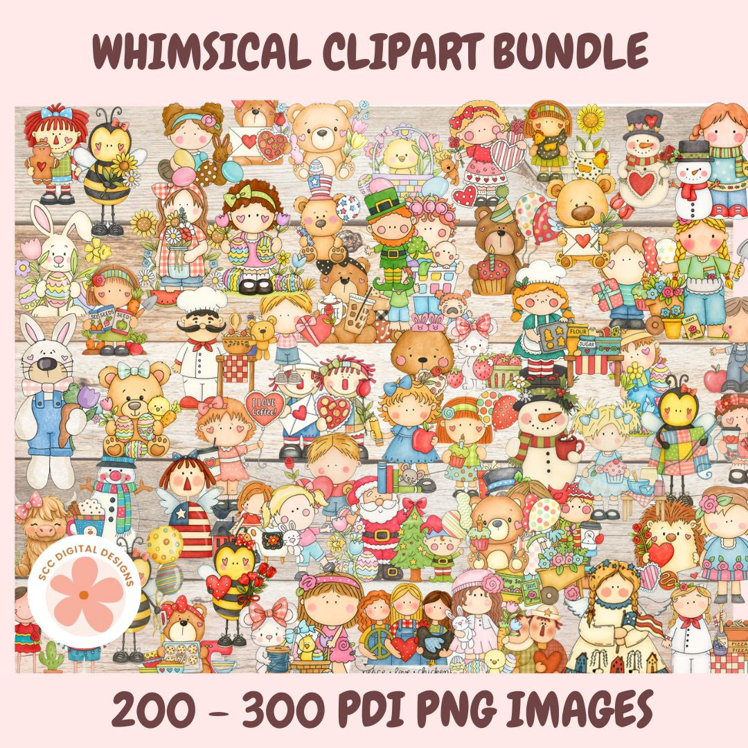 Collection of whimsical clipart characters on a pink background with text about the bundle size.
