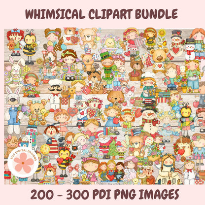 Collection of whimsical clipart characters on a pink background with text about the bundle size.