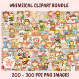 Collection of whimsical clipart characters on a pink background with text about the bundle size.