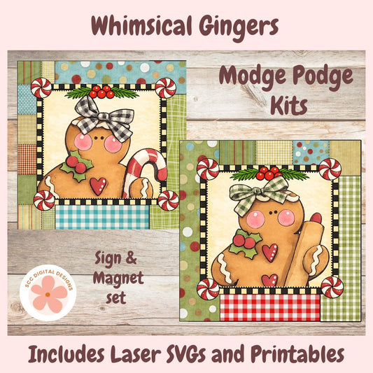 Promotional graphic for a Christmas-themed printable and sign set called Whimsical Gingers by OC Digital Designs. The design shows two gingerbread cookie characters framed in patchwork borders with candy canes, holly, and plaid patterns, alongside text reading 'Modge Podge Kits,' 'Sign & Magnet set,' and 'Includes Laser SVGs and Printables.
