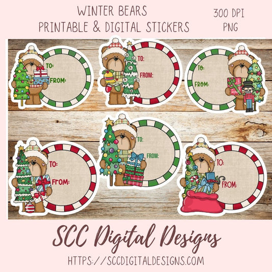Six circular winter bear printable stickers shown on a wood background, with text reading 'Winter Bears Printable & Digital Stickers,' '300 DPI PNG,' and 'SCC Digital Designs.' The bears wear hats and hold Christmas trees and gifts, with 'TO:' and 'FROM:' fields on the sticker designs.