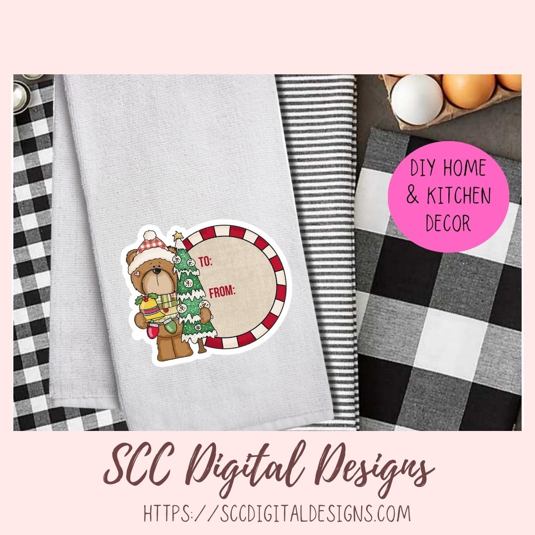 A styled flat-lay showing a white kitchen towel with a custom holiday bear sticker, alongside other home textiles and eggs, with a pink circle reading 'DIY HOME & KITCHEN DECOR' and 'SCC Digital Designs' branding at the bottom.