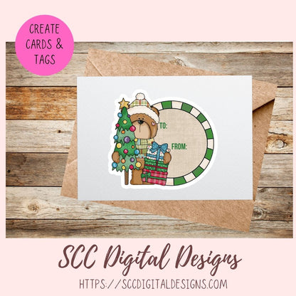 A Christmas-themed printable card design shown on a kraft envelope over a rustic wood background. The card features a cartoon teddy bear wearing a Santa hat beside a decorated Christmas tree and wrapped presents, with a green-and-white striped oval gift box and blank 'TO:' and 'FROM:' fields.