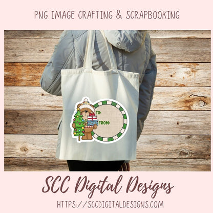 A person wearing a gray puffer jacket carries a white canvas tote bag with a Christmas-themed graphic design. The design features a teddy bear holding a green Christmas tree and gift, next to a circular label that reads 'TO' and 'FROM'.