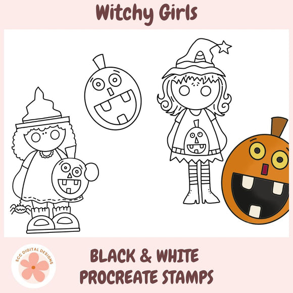 Witchy Girls coloring page with black and white procreate stamps on a pink background.