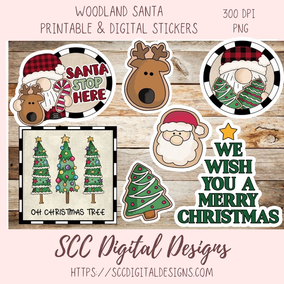 Set of Christmas-themed stickers on a wooden background with 'SCC Digital Designs' branding.
