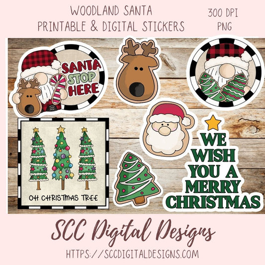 Set of Christmas-themed stickers on a wooden background with 'SCC Digital Designs' branding.