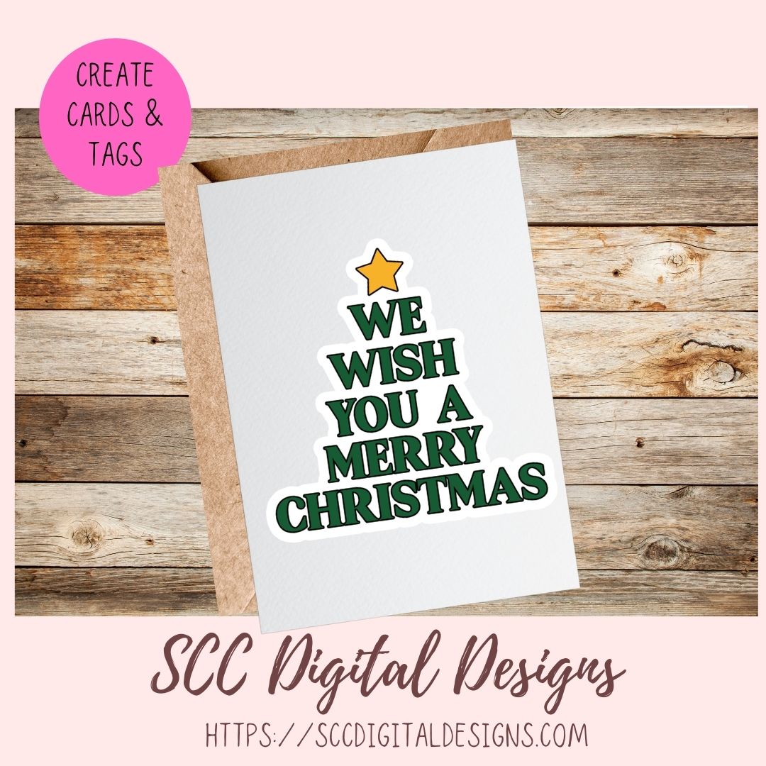 Christmas card with 'We wish you a Merry Christmas' text on a wooden background, featuring SCC Digital Designs branding.
