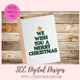 Christmas card with 'We wish you a Merry Christmas' text on a wooden background, featuring SCC Digital Designs branding.