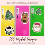 Three colorful lockers with Christmas-themed stickers on a pink background, featuring SCC Digital Designs branding.