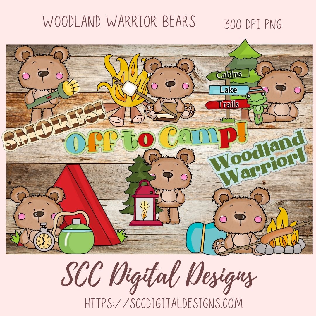 Whimsical Bear Clipart, Campfire Lantern Sleeping Bag, Camping Wordart for Sublimation Tumblers, Nursery Art Decor, Scrapbook Elements