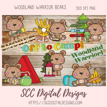 Whimsical Bear Clipart, Campfire Lantern Sleeping Bag, Camping Wordart for Sublimation Tumblers, Nursery Art Decor, Scrapbook Elements