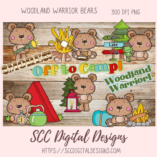 Whimsical Bear Clipart, Campfire Lantern Sleeping Bag, Camping Wordart for Sublimation Tumblers, Nursery Art Decor, Scrapbook Elements