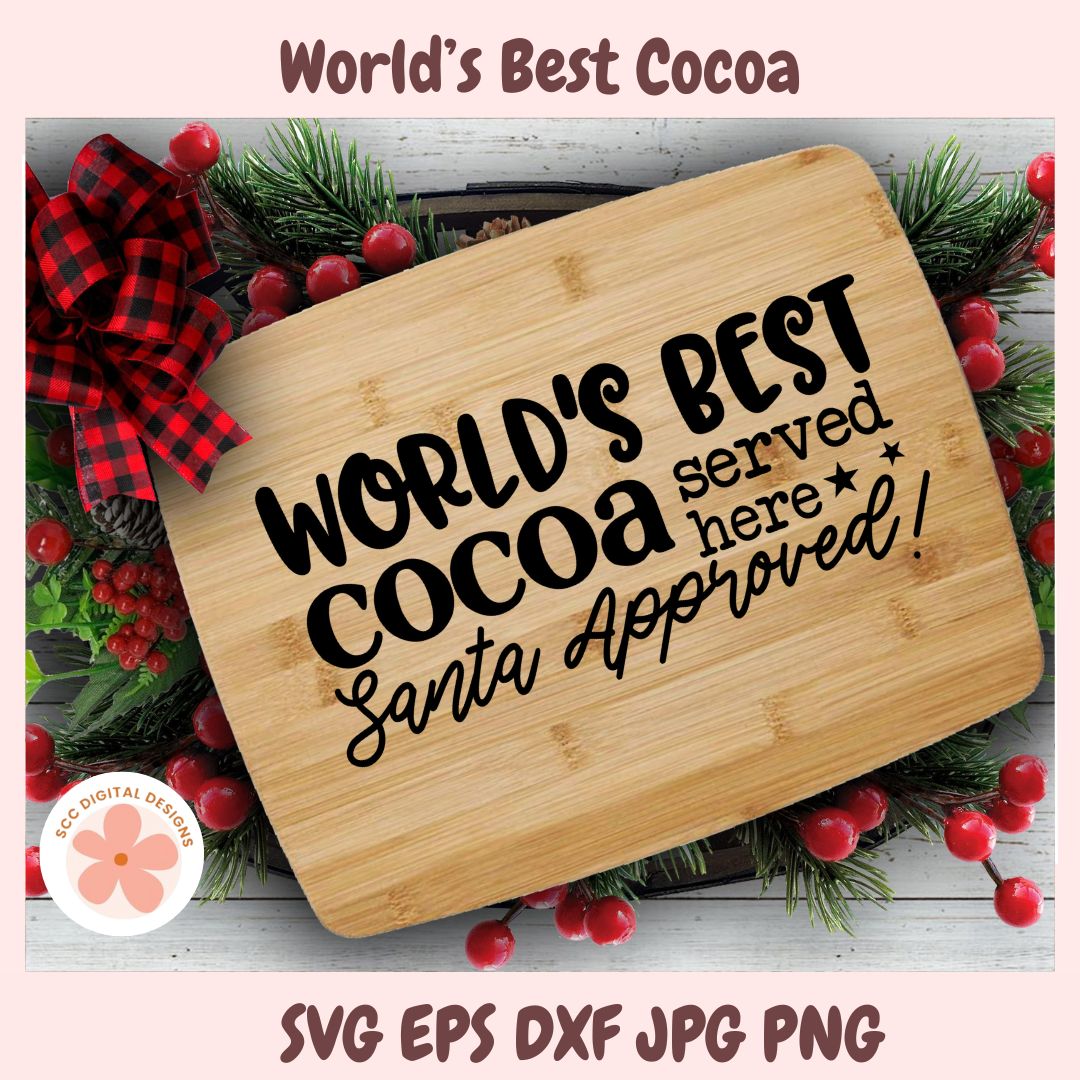 Wooden sign with 'World's Best Cocoa' text surrounded by Christmas decorations