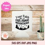 Koozie with 'Your Faith Can Move Mountains' design on a wooden surface with a cactus.