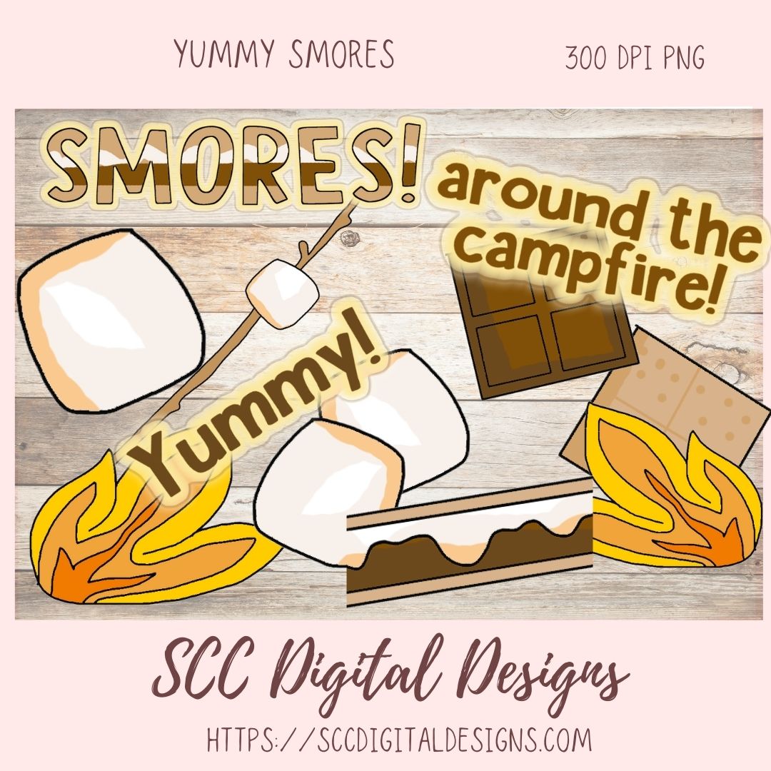 Cute Smores PNG, Marshmallows Word Art Campfire Clipart and Scrapbook Elements for Sublimation, DIY Camping Mugs & Tumblers for Mom
