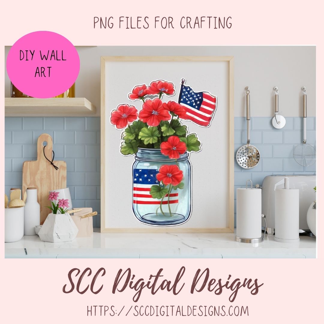 American Red Geranium Floral Jar Bouquet Digital & Printable Planner Stickers 10 designs in 300 dpi png format
