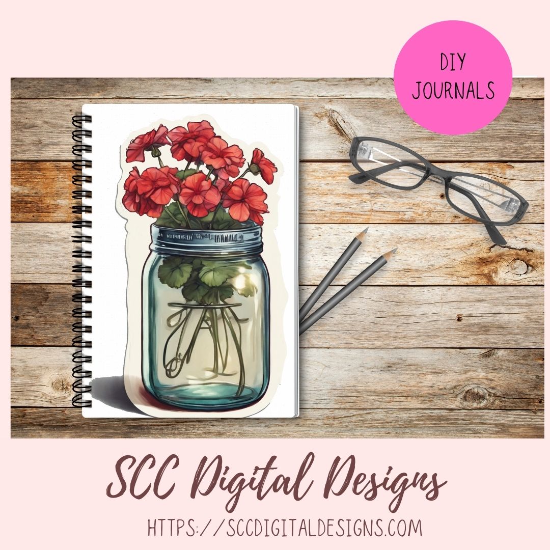 American Red Geranium Floral Jar Bouquet Digital & Printable Planner Stickers 10 designs in 300 dpi png format