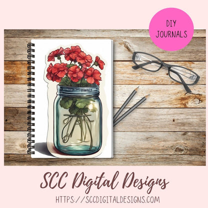 American Red Geranium Floral Jar Bouquet Digital & Printable Planner Stickers 10 designs in 300 dpi png format