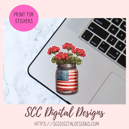 American Red Geranium Floral Jar Bouquet Digital & Printable Planner Stickers 10 designs in 300 dpi png format