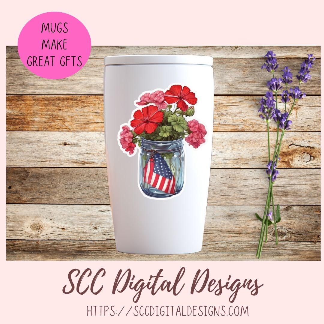 American Red Geranium Floral Jar Bouquet Digital & Printable Planner Stickers 10 designs in 300 dpi png format