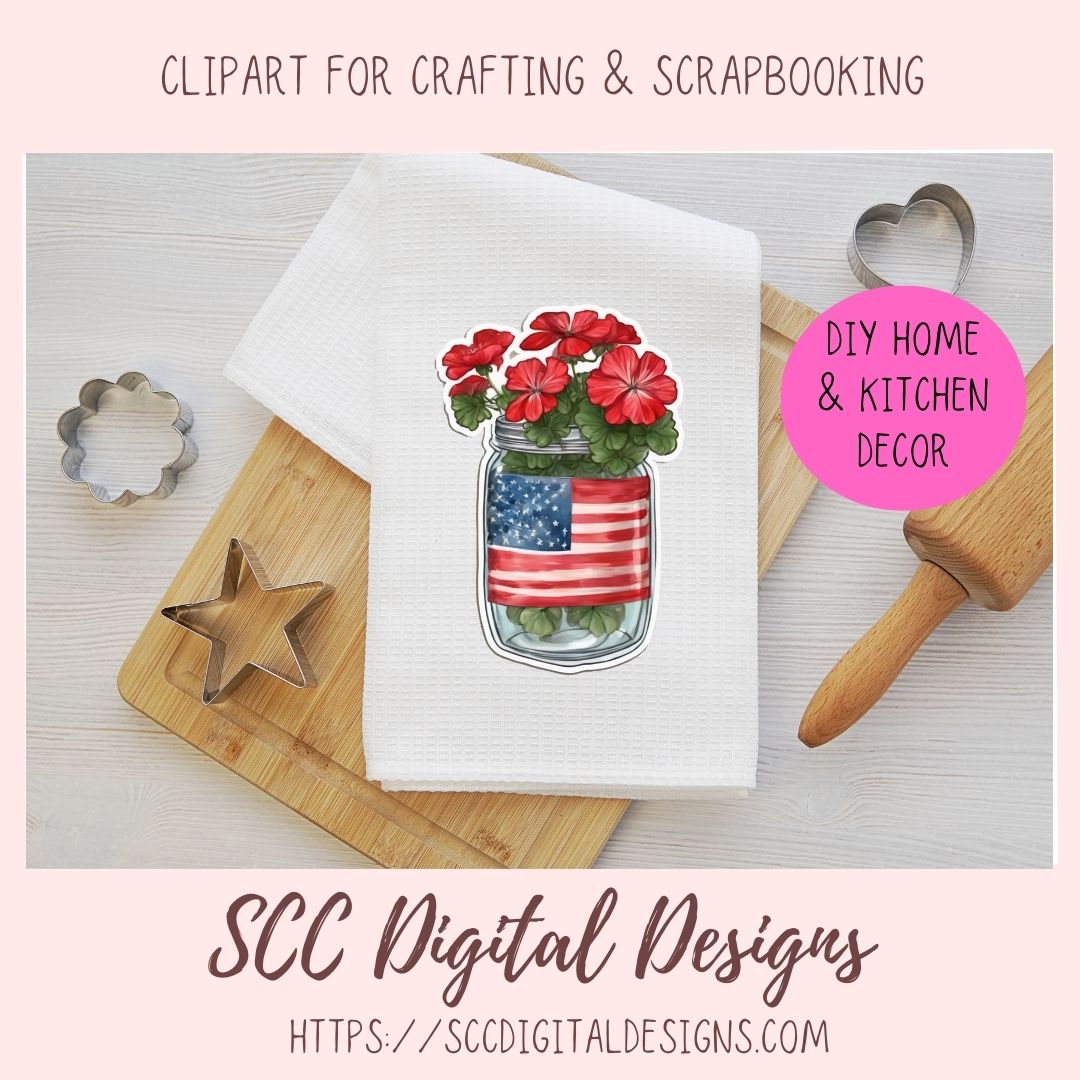 American Red Geranium Floral Jar Bouquet Digital & Printable Planner Stickers 10 designs in 300 dpi png format