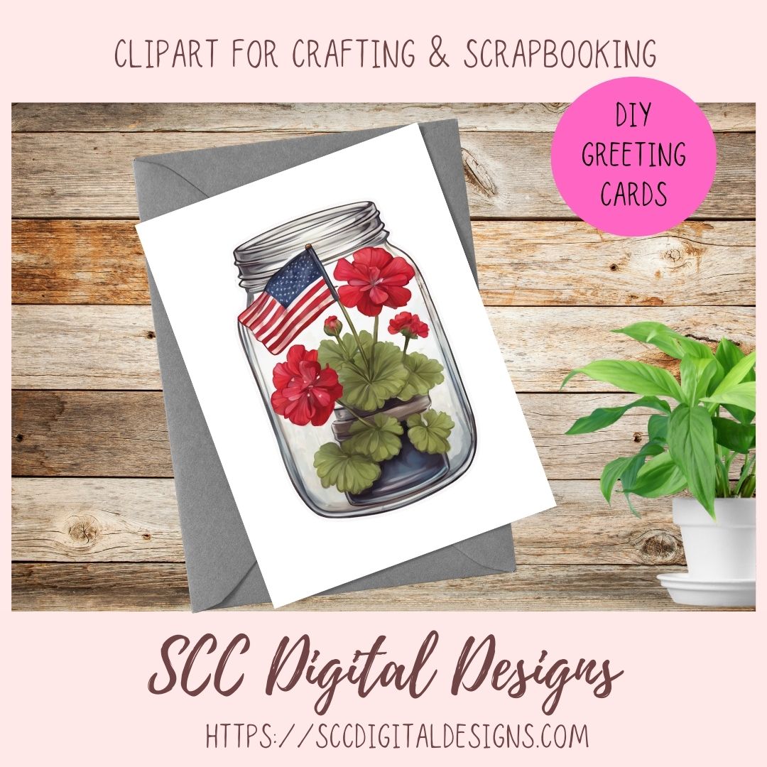 American Red Geranium Floral Jar Bouquet Digital & Printable Planner Stickers 10 designs in 300 dpi png format