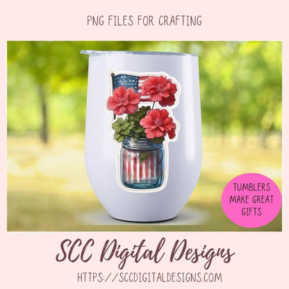 American Red Geranium Floral Jar Bouquet Digital & Printable Planner Stickers 10 designs in 300 dpi png format