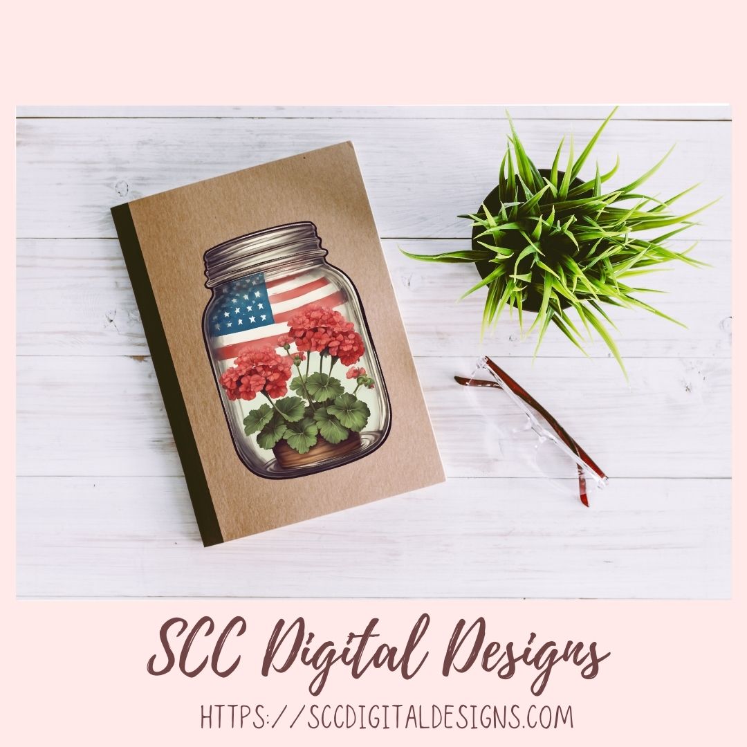 American Red Geranium Floral Jar Bouquet Digital & Printable Planner Stickers 10 designs in 300 dpi png format