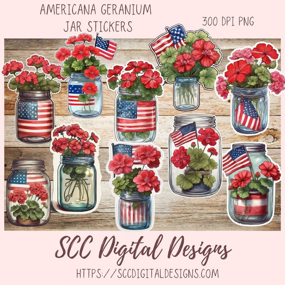 American Red Geranium Floral Jar Bouquet Digital & Printable Planner Stickers 10 designs in 300 dpi png format