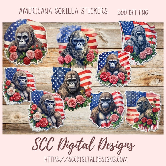 Americana PNG Gorilla Digital Printable Sticker Set 10 designs in 300 dpi png format