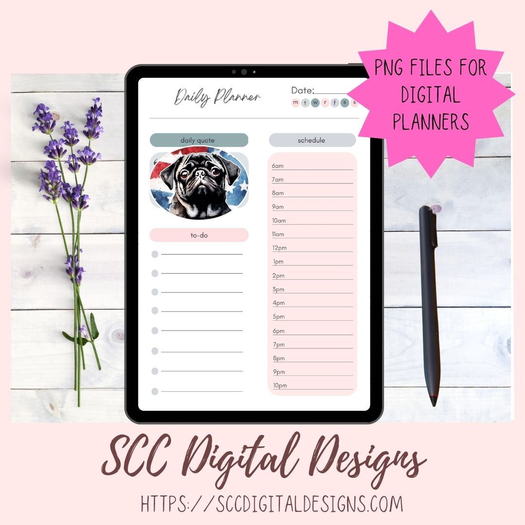 Cute Pug Sticker Pack for Digital Planners, Journals, Notes & Digital Scrapbooking, DIY Americana Pug Decals, Instant Download Pre-Cropped Goodnotes Compatible PNG Images