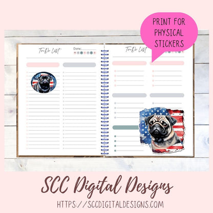 Cute Pug Sticker Pack for Digital Planners, Journals, Notes & Digital Scrapbooking, DIY Americana Pug Decals, Instant Download Pre-Cropped Goodnotes Compatible PNG Images