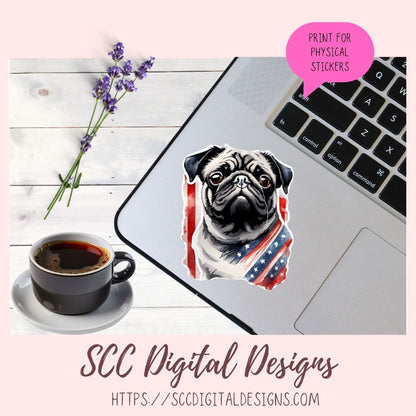 Cute Pug Sticker Pack for Digital Planners, Journals, Notes & Digital Scrapbooking, DIY Americana Pug Decals, Instant Download Pre-Cropped Goodnotes Compatible for Patritoic Lover Dog Mom Sticker for CarDecals, Instant Download Pre-Cropped Goodnotes Compatible PNG Images