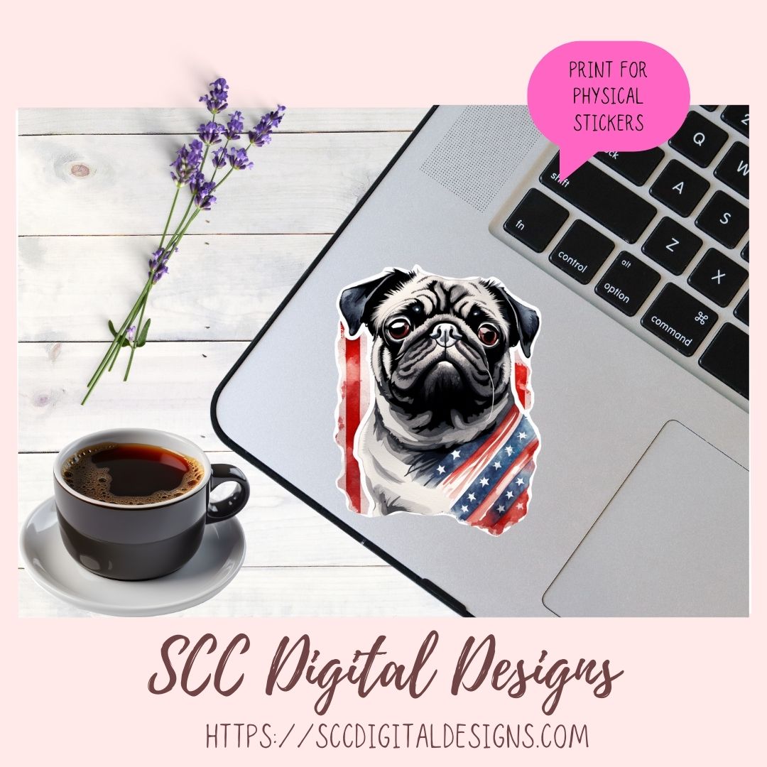 Cute Pug Sticker Pack for Digital Planners, Journals, Notes & Digital Scrapbooking, DIY Americana Pug Decals, Instant Download Pre-Cropped Goodnotes Compatible PNG Images