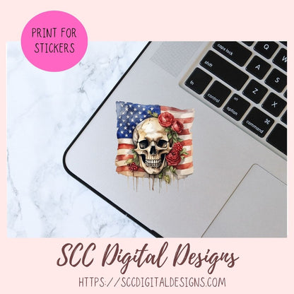 American Flag Skull PNG Patriotic Digital Printable Sticker Set 8 300 dpi png images