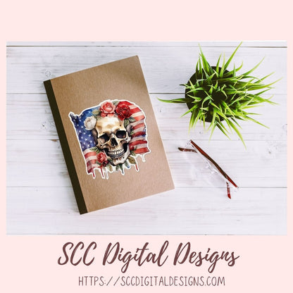 American Flag Skull PNG Patriotic Digital Printable Sticker Set 8 300 dpi png images
