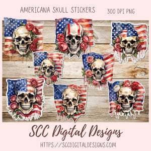 American Flag Skull PNG Patriotic Digital Printable Sticker Set 8 300 dpi png images