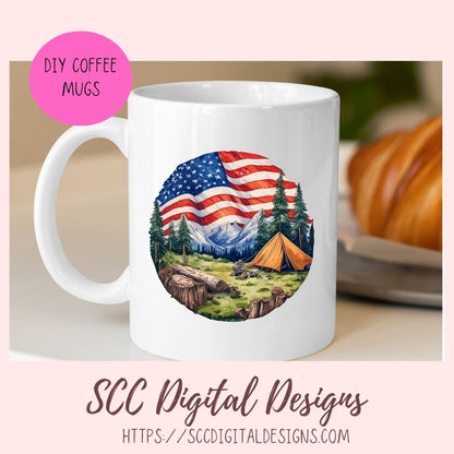 Americana PNG tent Camping Stickers for Planners Trees Campfires Mountain & Flag 