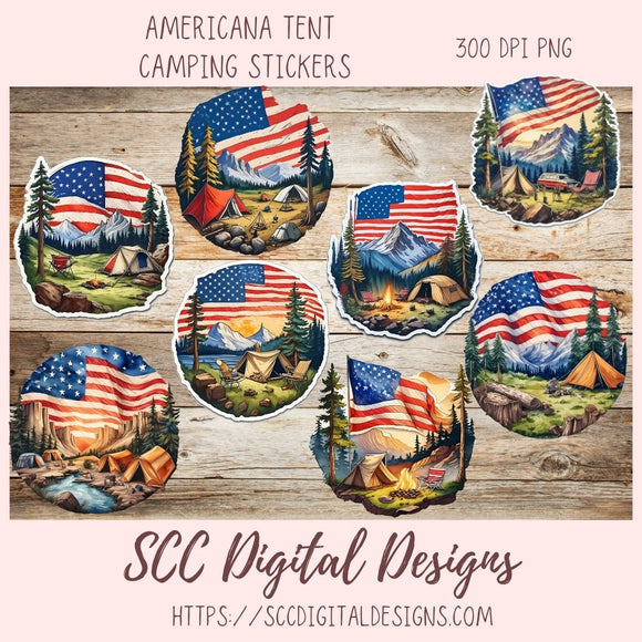 Americana PNG tent Camping Stickers for Planners Trees Campfires Mountain & Flag 