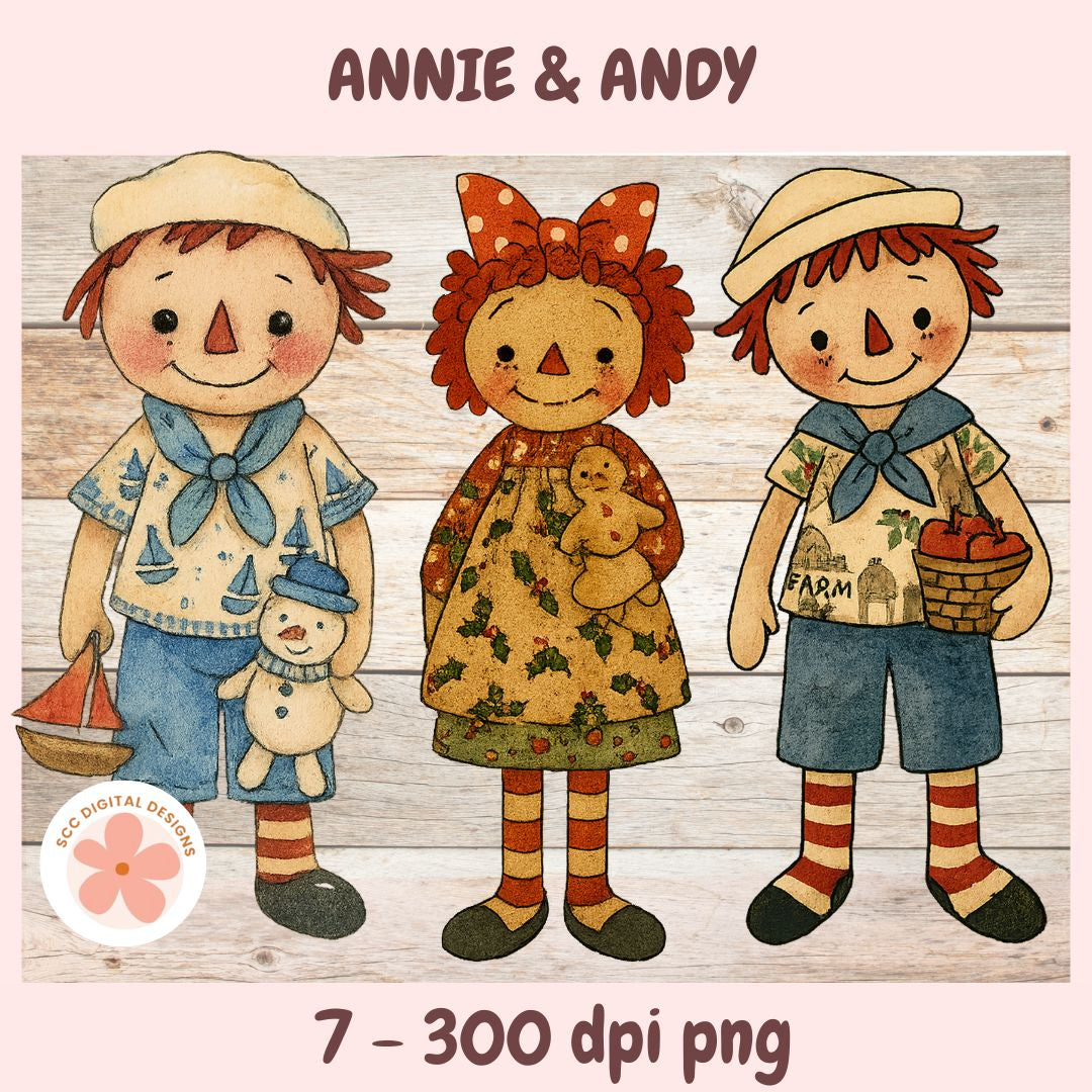 Illustration of three dolls named Annie, Andy, and another character on a wooden background.