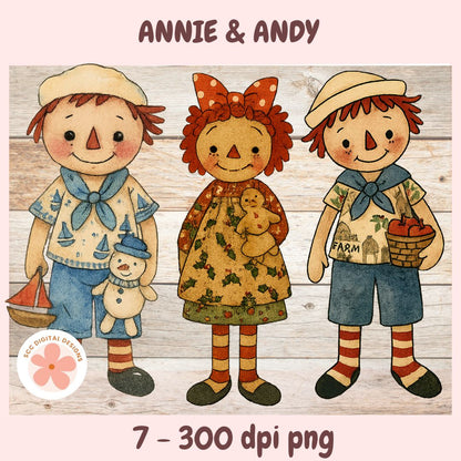 Illustration of three dolls named Annie, Andy, and another character on a wooden background.