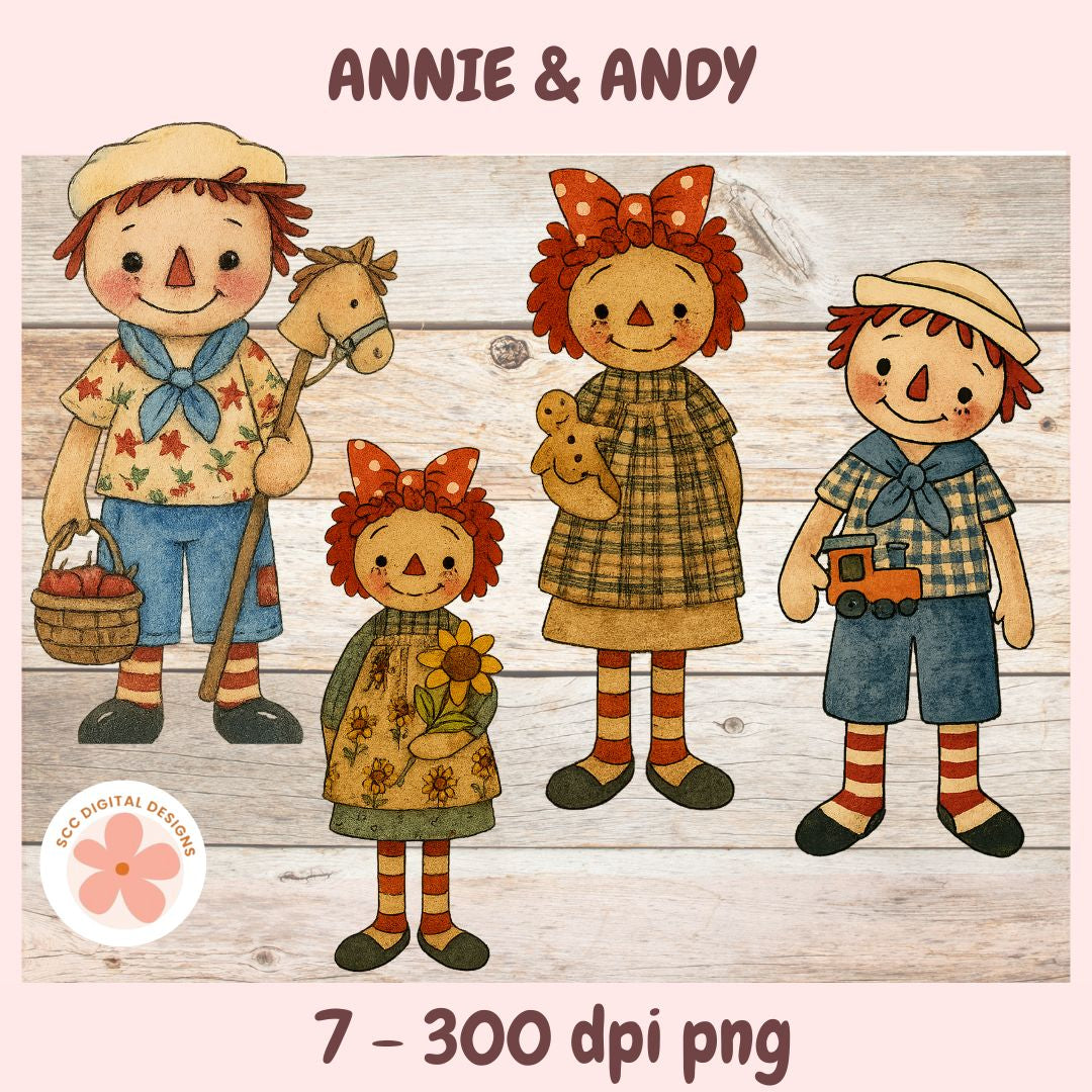 Illustration of four children with toys on a wooden background, featuring the text 'Annie & Andy'.