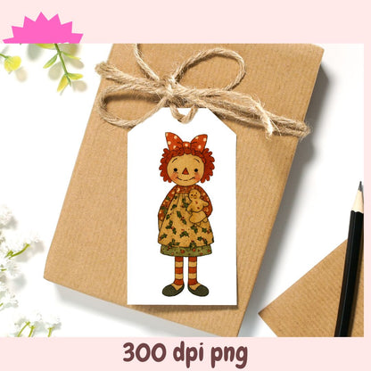 Gift tag with cartoon character on a brown paper package with twine, surrounded by flowers and a pencil.