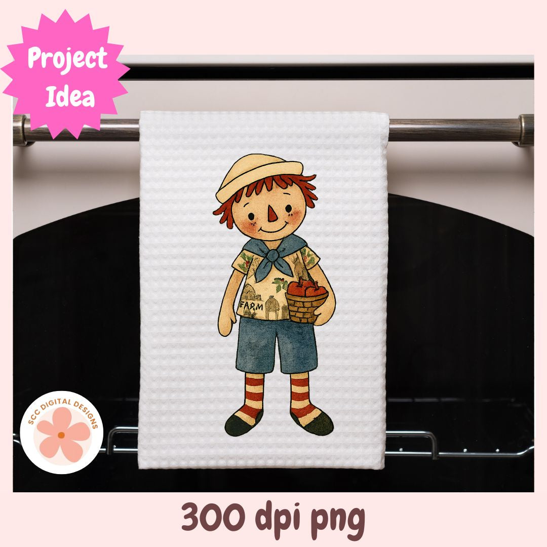 Towel with a cartoon scarecrow design hanging on a towel rack, labeled 'Project Idea' and '300 dpi png'.