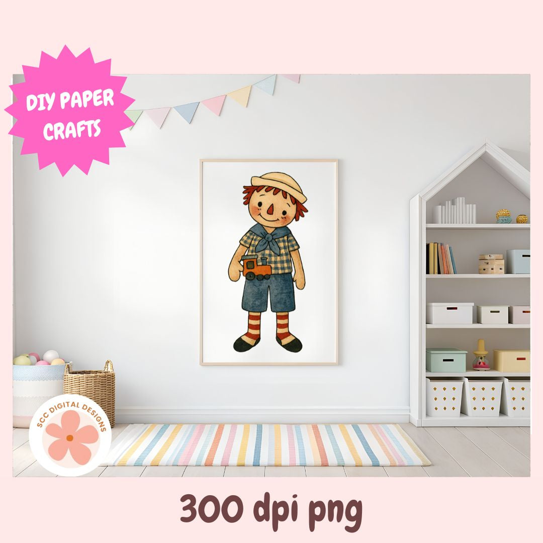 Framed illustration of a child in a plaid shirt and hat on a wall in a room with shelves and a colorful rug.